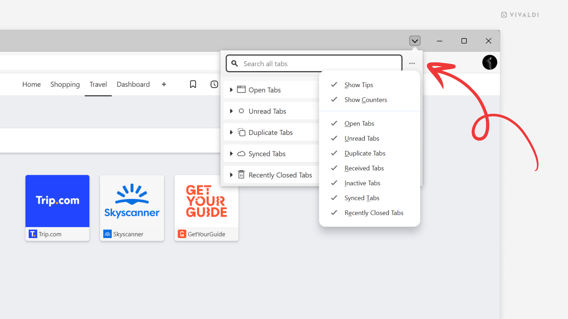 Top right corner of the Vivaldi browser window with the Tab Button popup open. On top of that, there's a Display Options menu open and an arrow points at the 3-dot menu button from which the menu is opened from.