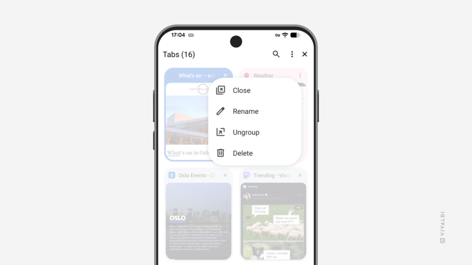 Tab Switcher in Vivaldi on Android. Tab Stack's context menu, which includes both the Close and Delete options, is open in the foreground.