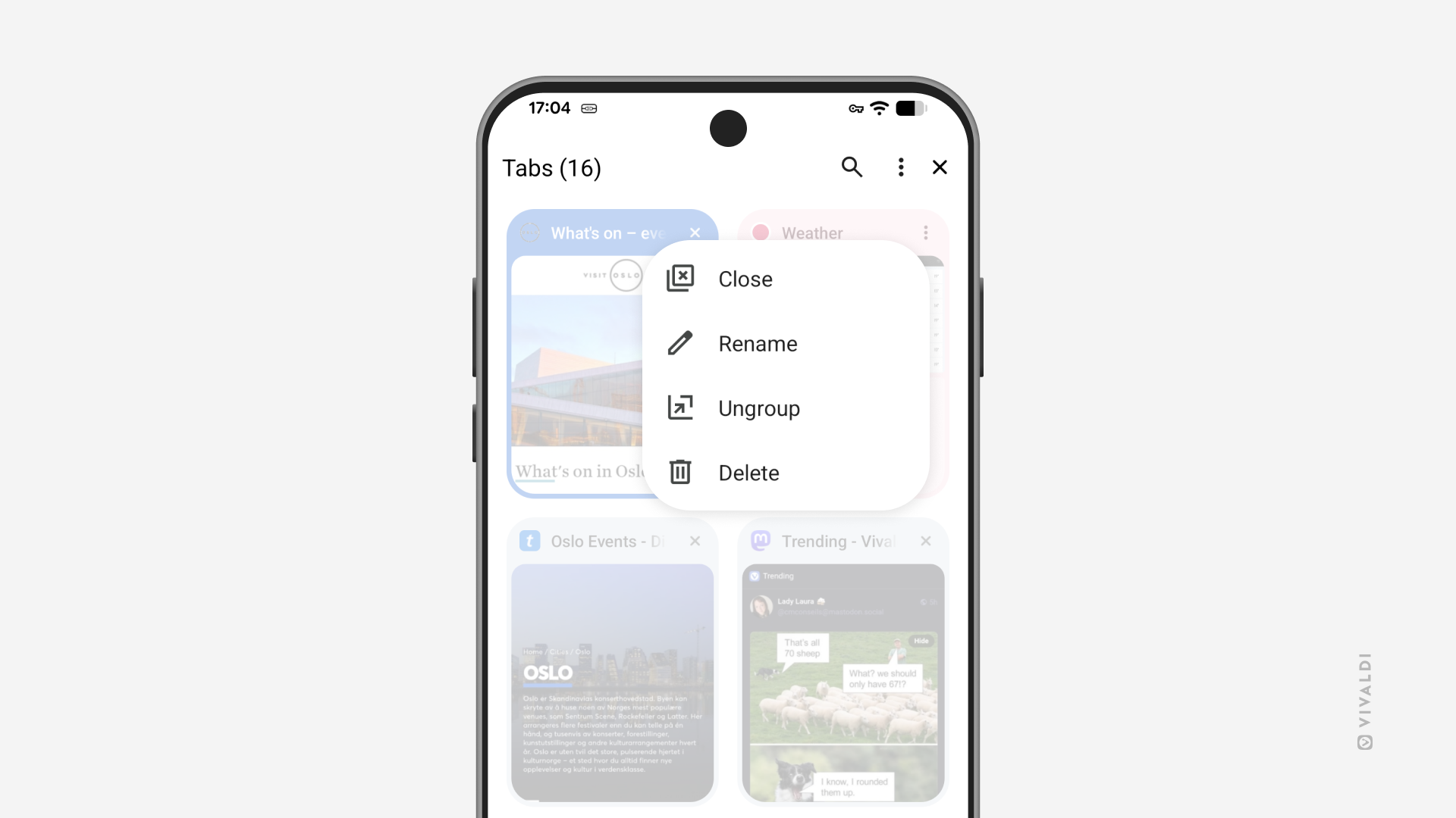 Tab Switcher in Vivaldi on Android. Tab Stack's context menu, which includes both the Close and Delete options, is open in the foreground.