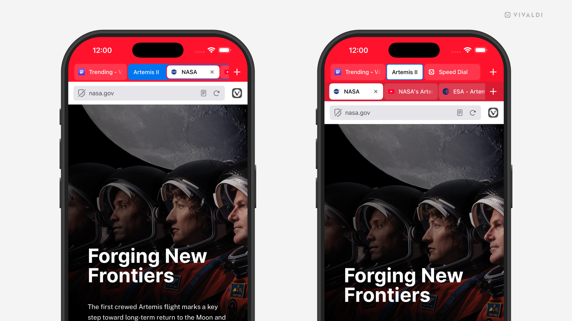 Two iPhones. The one on the left displays Tab Stacks in the Accordion style and the one on the right in the Two-Level style.