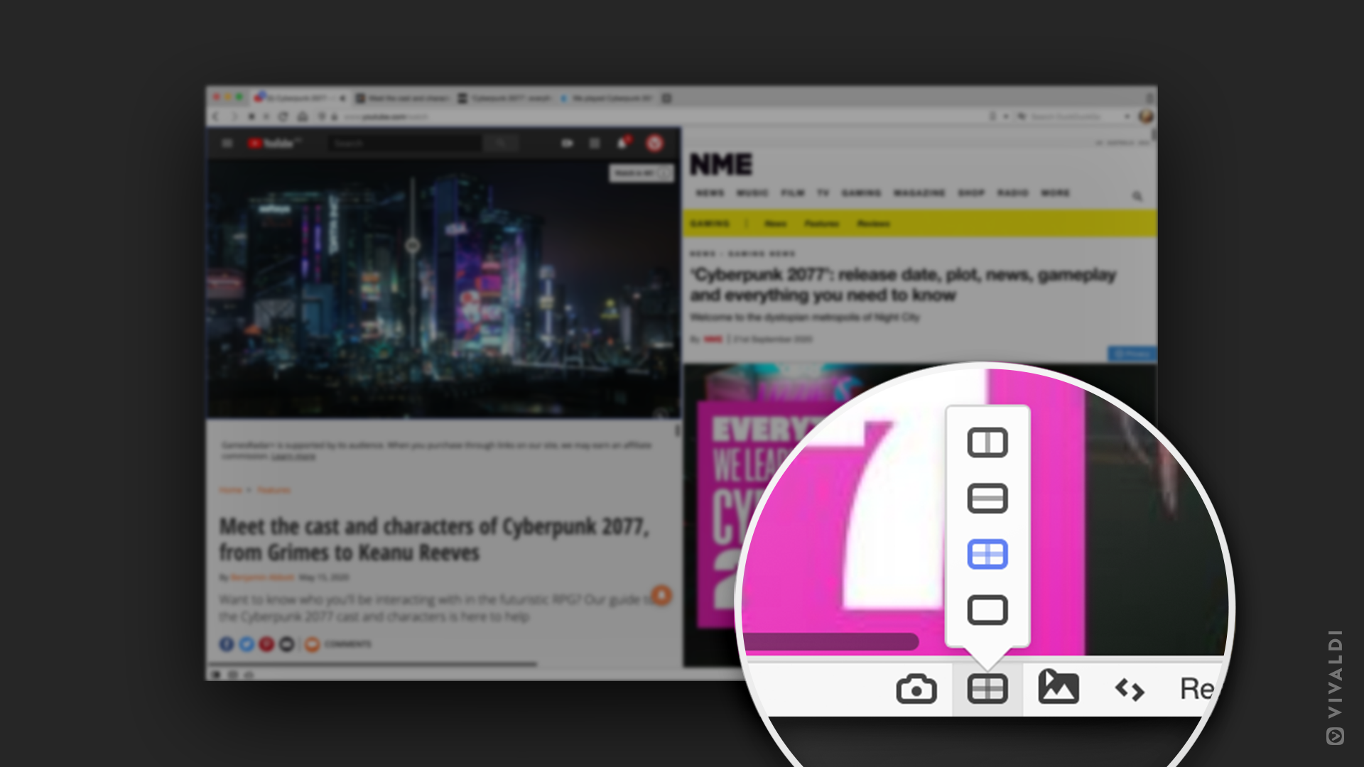 The button for viewing multiple web pages side by side without extensions.