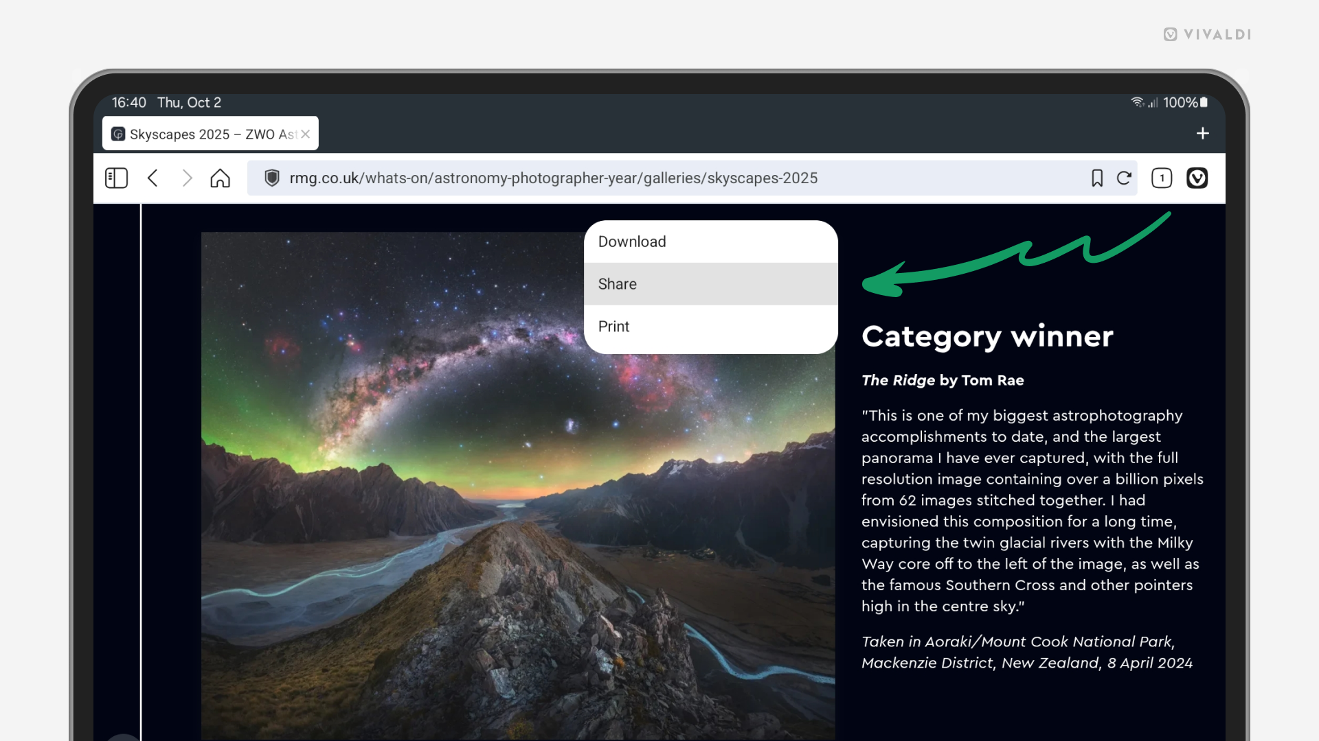 Web page's context menu with the "Share" option highlighted open in Vivaldi on an Android tablet.