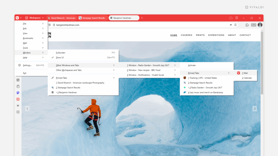 Vivaldi browser window. The main menu is open showing a path to a pinned tab open in another window.