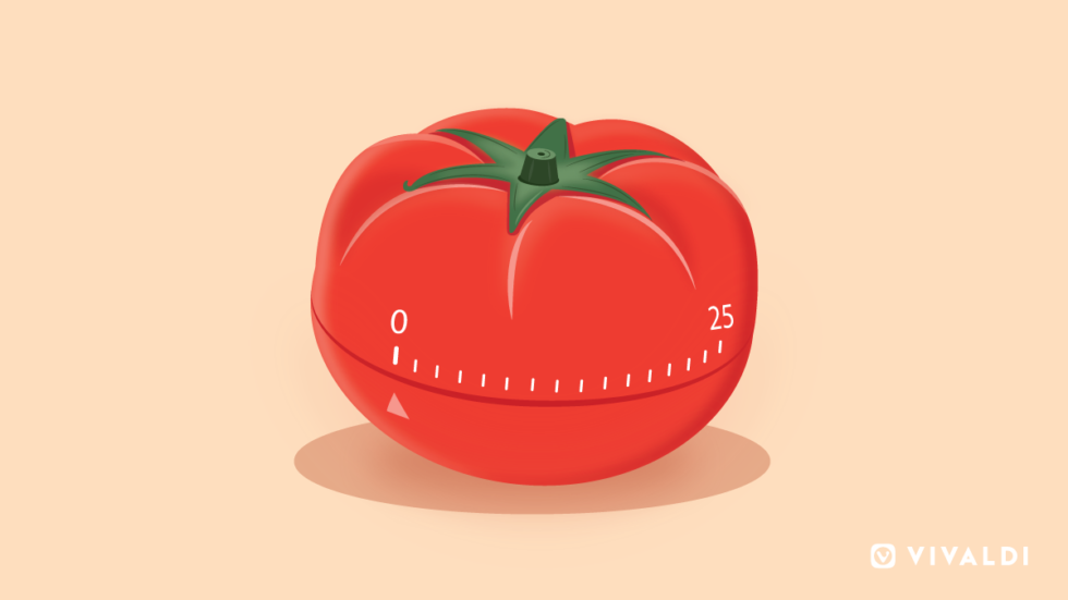 Tomato graphic represents Pomodoro timer in Vivaldi browser.