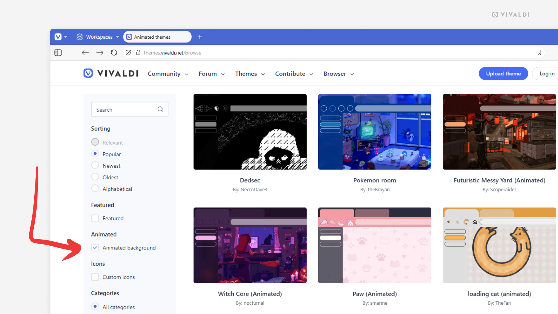 Vivaldi Themes page open in the Vivaldi browser. An arrow points at the "Animated background" option in the menu.