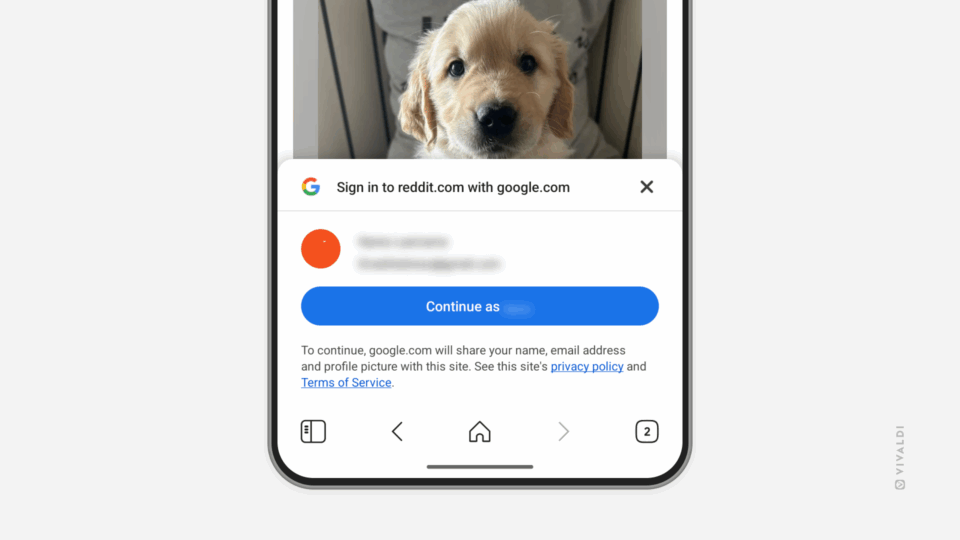 Reddit's website open in Vivaldi on Android. Google's login prompt is displayed at the bottom of the page.