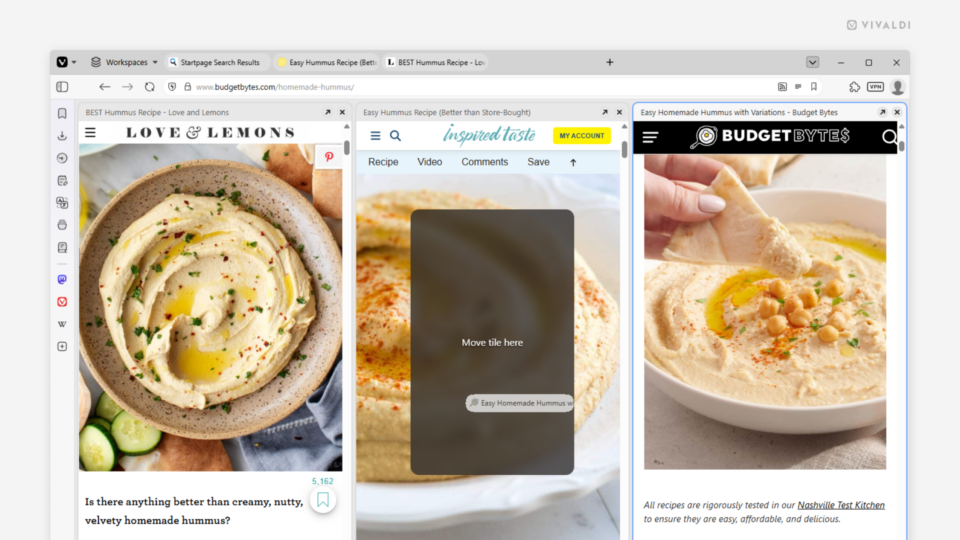 3 tiled tabs in a Vivaldi browser window. The leftmost tab is being dragged over the middle one to change the order of tiled tabs.