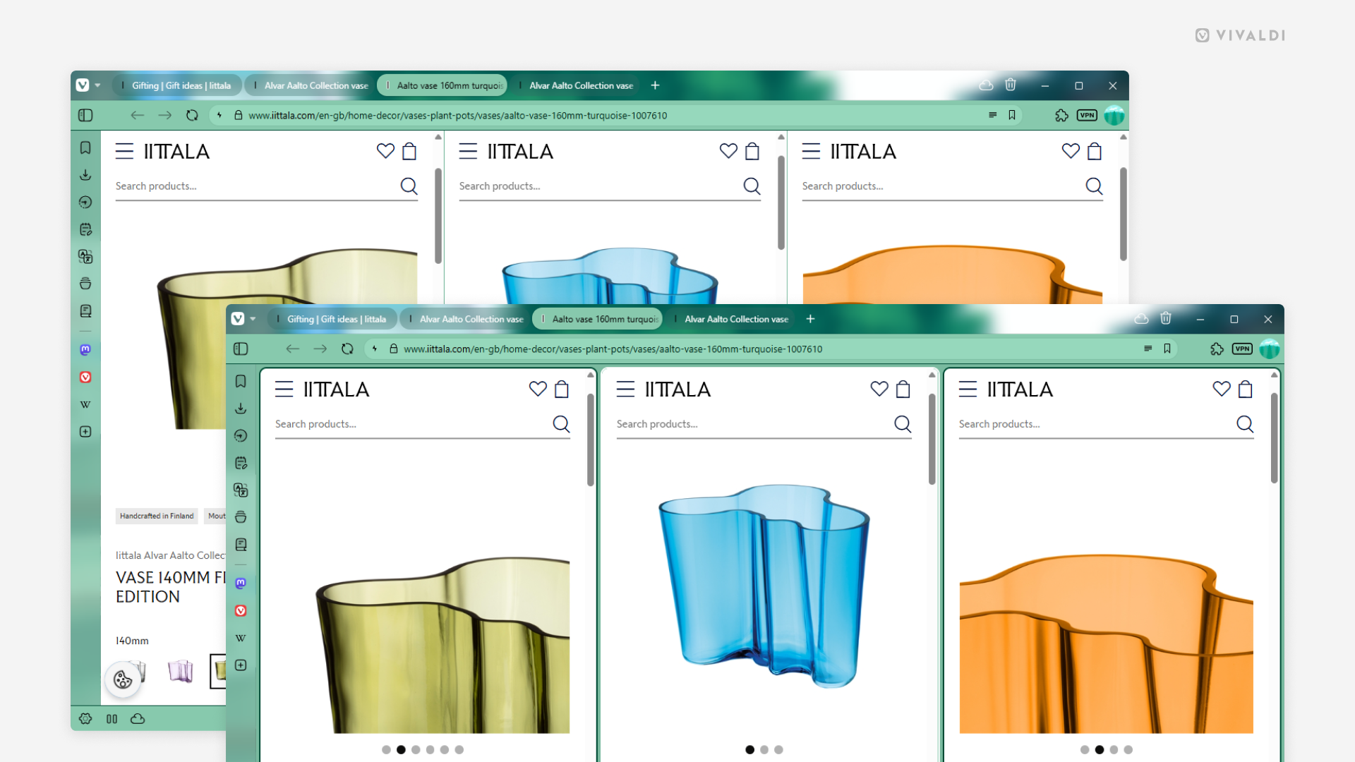 Two Vivaldi browser windows. The window in the background has three tabs tiled without any space between the tiles. The window in the foreground has the same three tabs, but the tiles have some space between them.