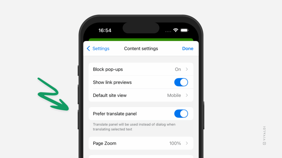 Content settings in Vivaldi on iOS. An arrow points at the "Prefer Translate Panel" setting.