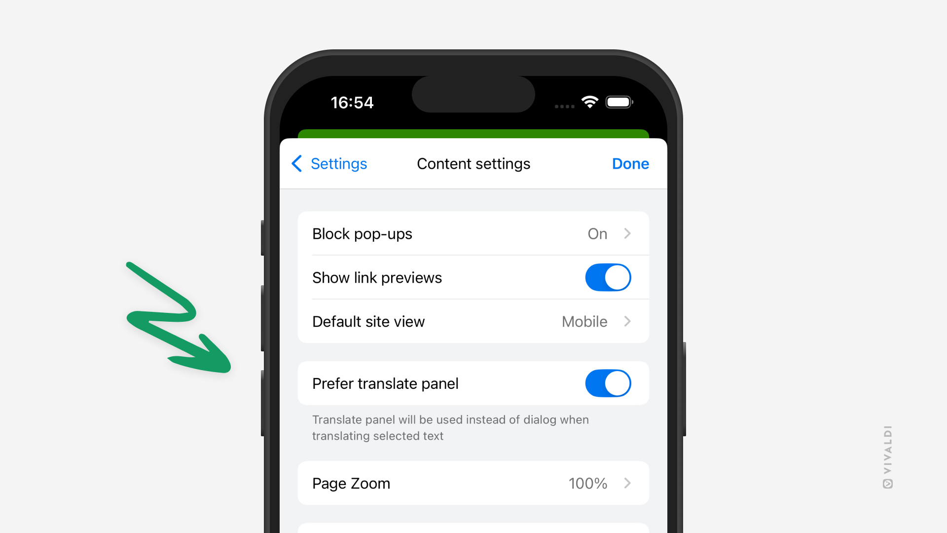 Content settings in Vivaldi on iOS. An arrow points at the "Prefer Translate Panel" setting.
