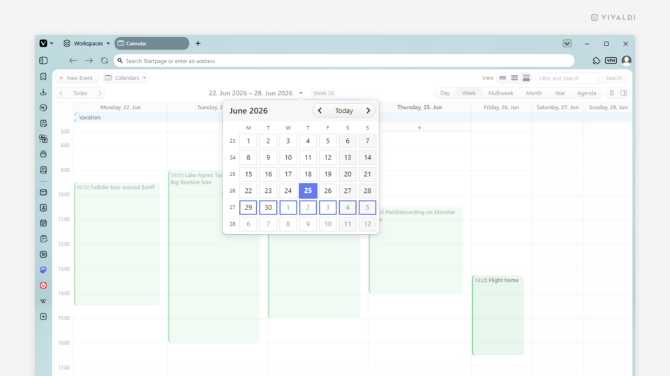 Vivaldi Calendar with the day picker menu open.