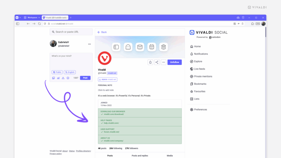 Account on Vivaldi Social with verified links in the profile information.