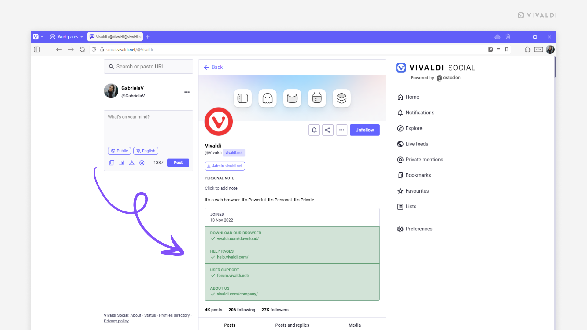 Account on Vivaldi Social with verified links in the profile information.