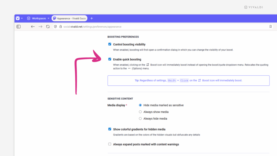 Preferences page on Vivaldi Social. An arrow points at the "Enable Quick Boosting" setting.
