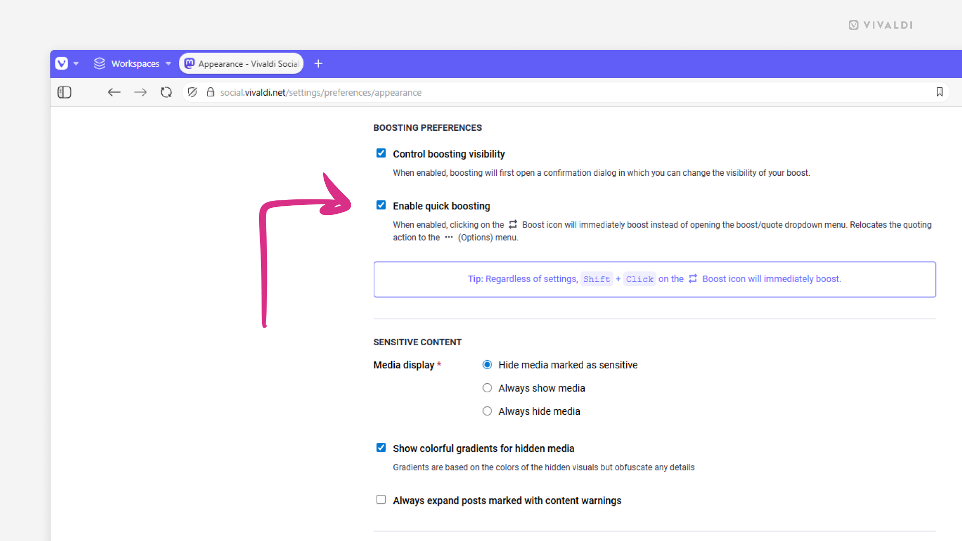 Preferences page on Vivaldi Social. An arrow points at the "Enable Quick Boosting" setting.