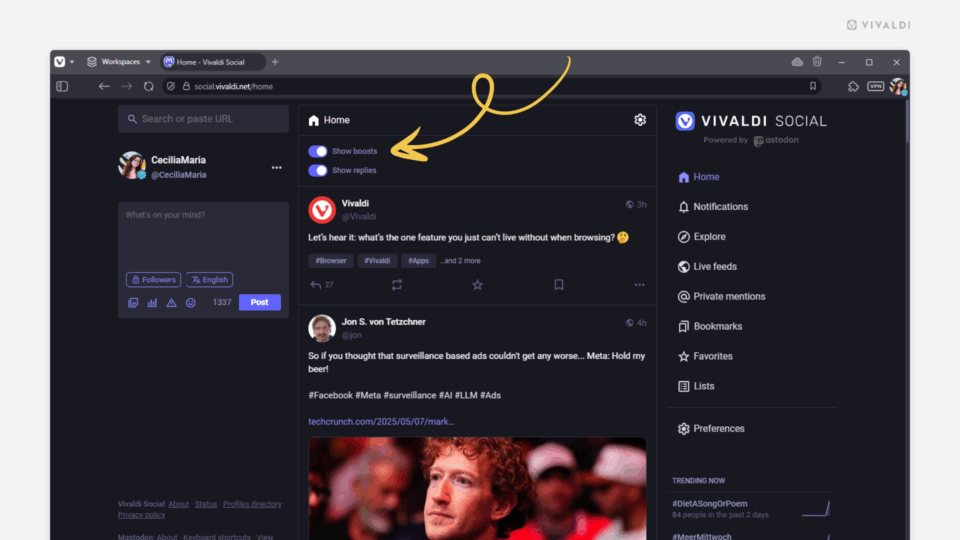 Home feed on Vivaldi Social open in the Vivaldi browser. Home feed settings are open and an arrow points at the "Show boosts" option.