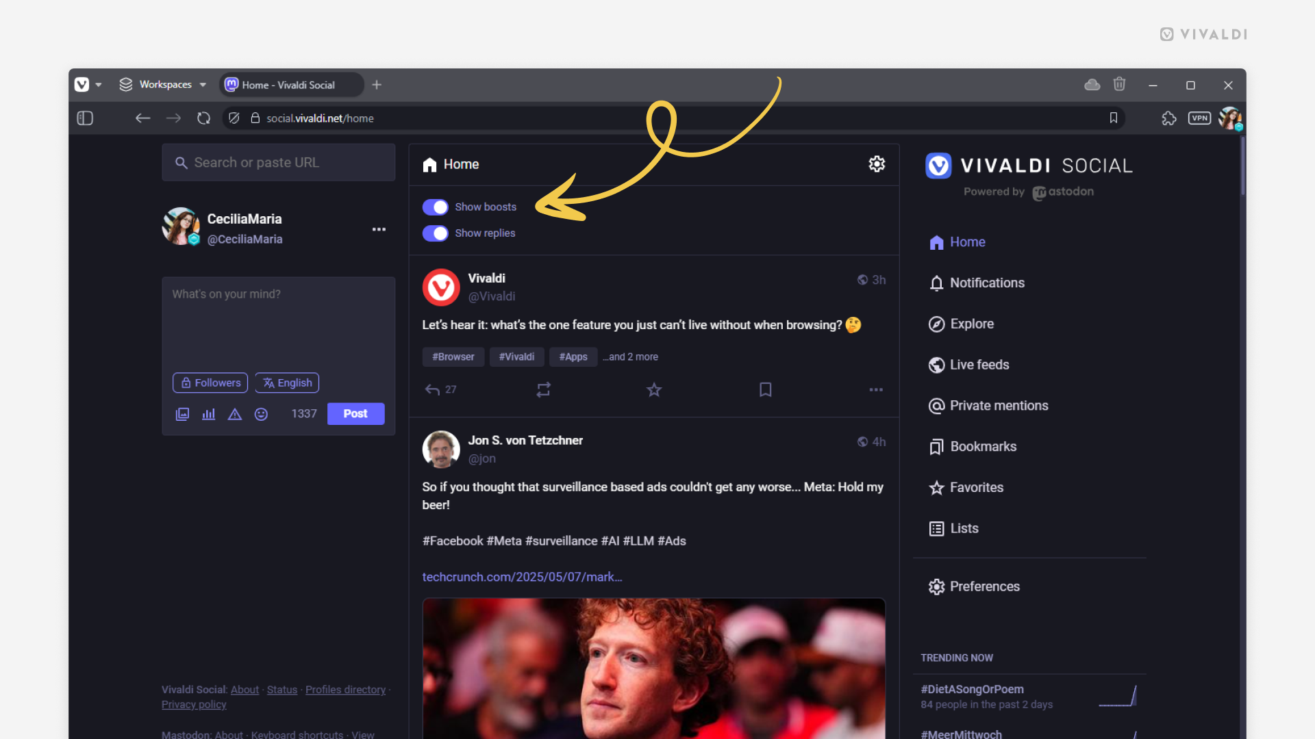 Home feed on Vivaldi Social open in the Vivaldi browser.
Home feed settings are open and an arrow points at the "Show boosts" option.