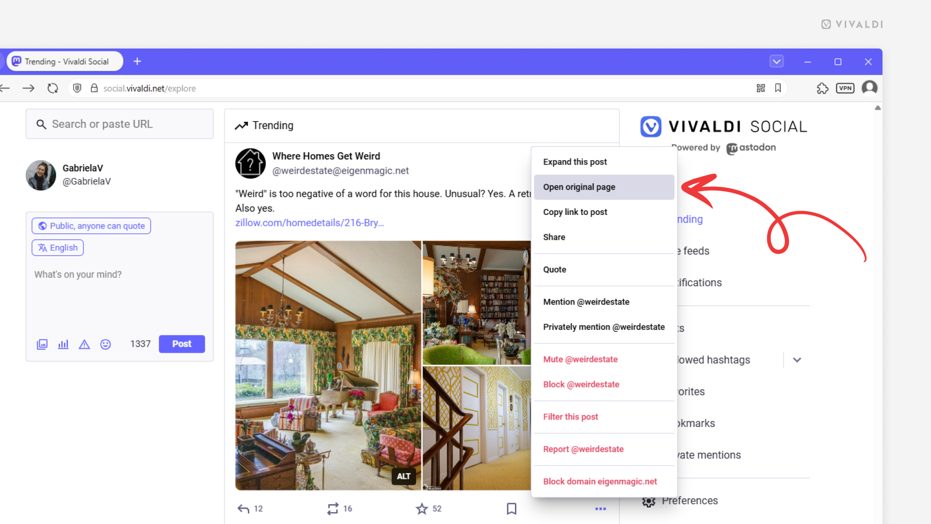 Vivaldi Social's Trending feed. Post's menu is open and an arrow points at the "Open original page" option.