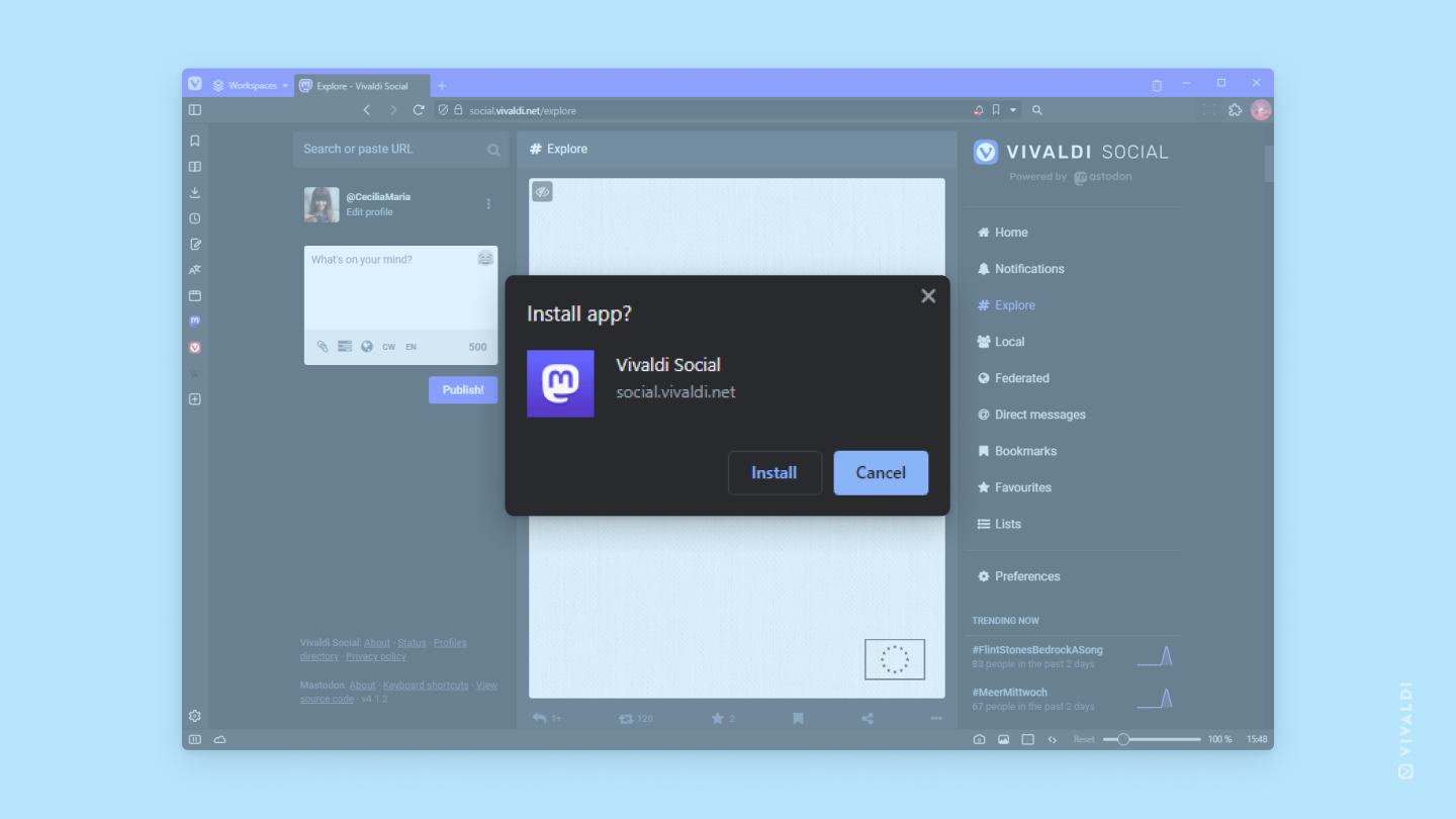 Vivaldi Browser Installation von Vivaldi Social als Progressive Web App