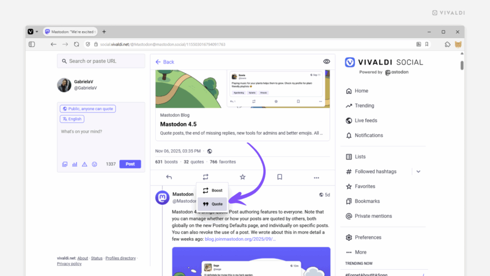 Vivaldi Social open in the Vivaldi Browser. An arrow points at the Quote option in the Boost button's menu.
