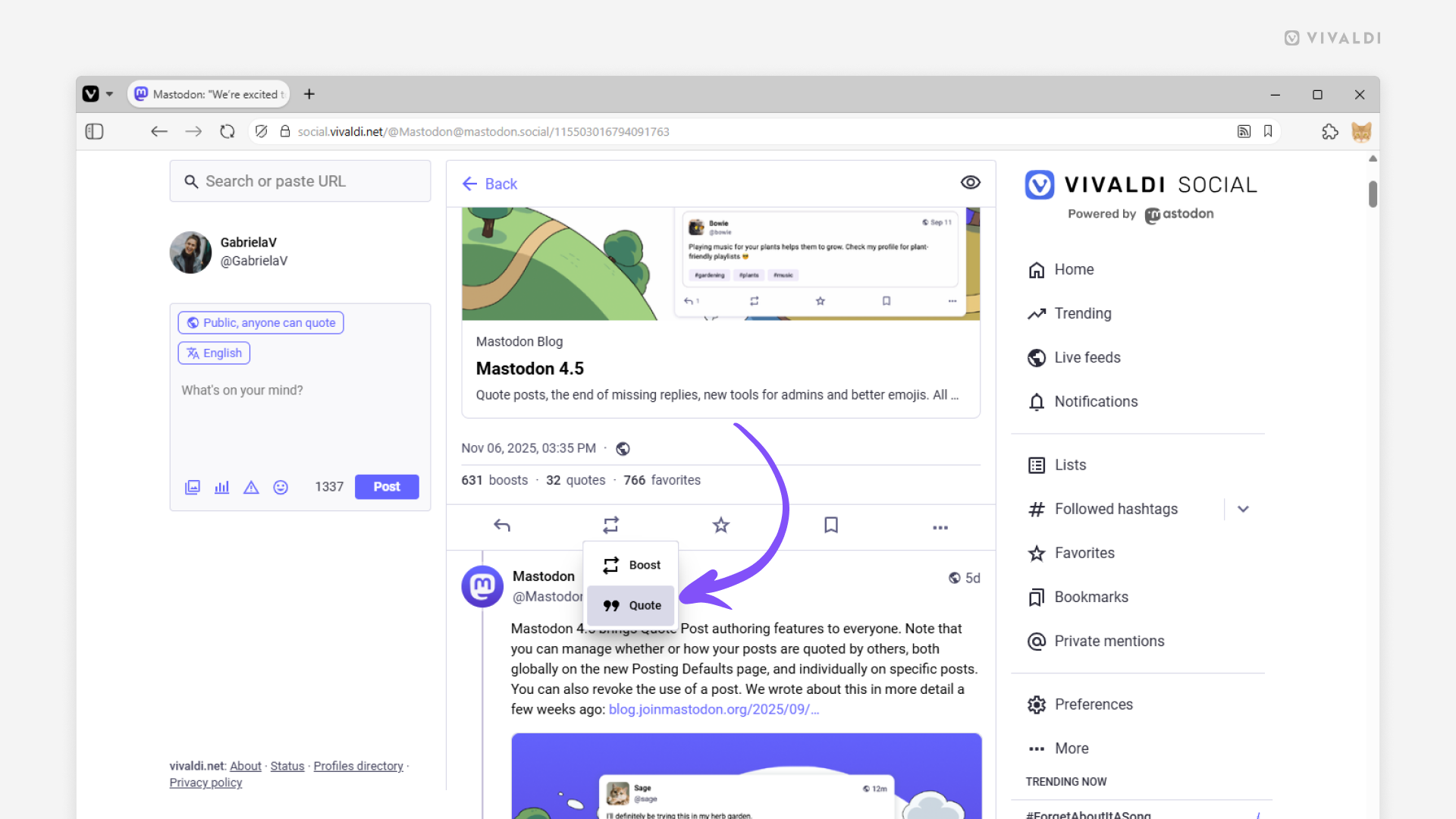 Vivaldi Social open in the Vivaldi Browser. An arrow points at the Quote option in the Boost button's menu.