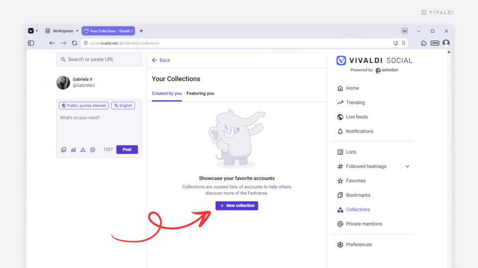 Collections page in Vivaldi Social. Arrow points at the "New collection" button.