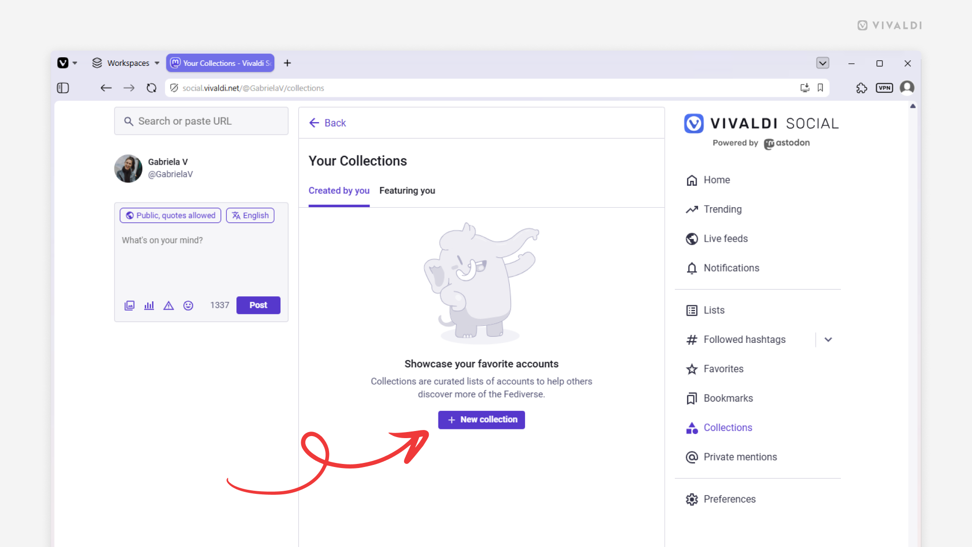 Collections page in Vivaldi Social. Arrow points at the "New collection" button.