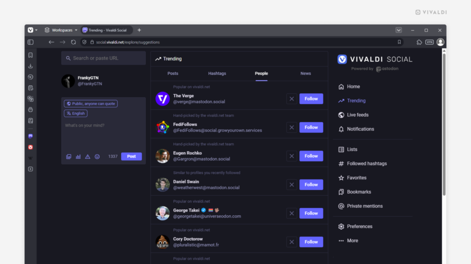 Follow recommendations page on Vivaldi Social.