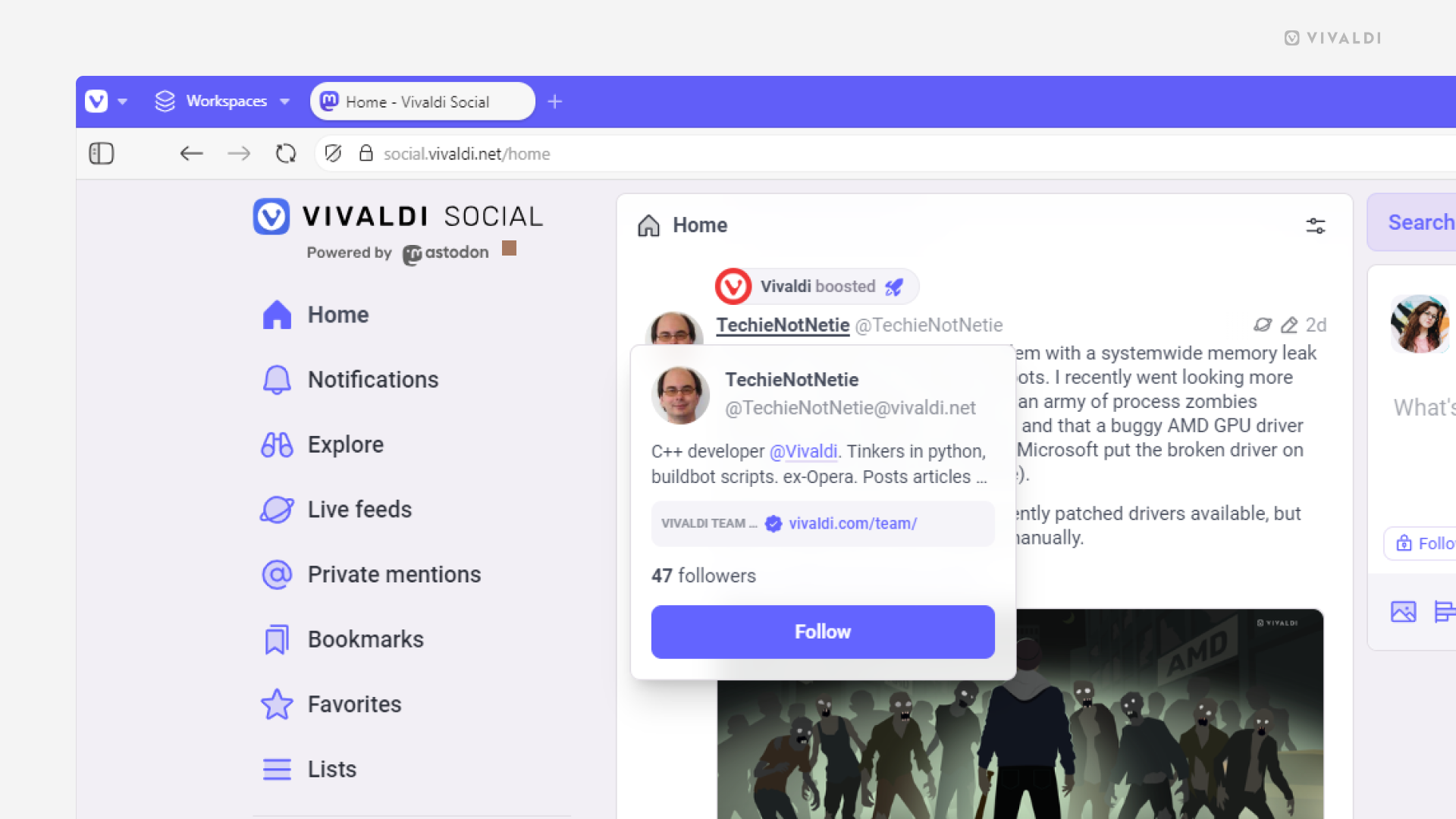 Vivaldi Social のホームで、投稿者の投稿の上に表示されたプロフィールのプレビューが表示された状態