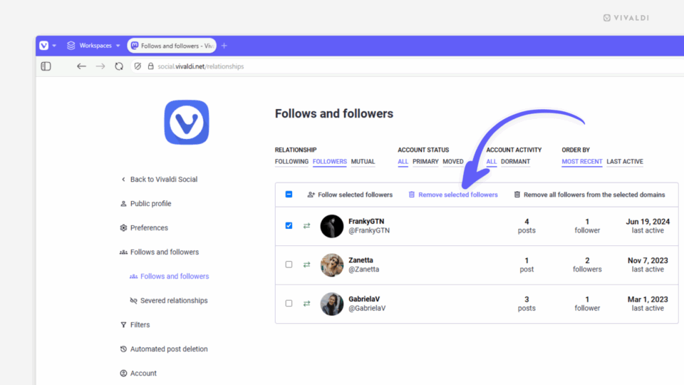 Follows and followers page on Vivaldi Social. An arrow points at the
