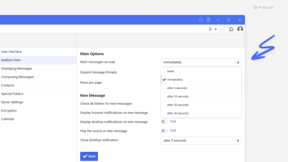 Mailbox view settings in Vivaldi Webmail. An arrow is pointing at the mark as read setting options.