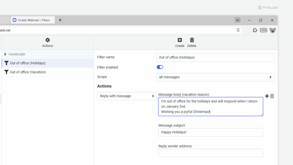 Vivaldi Webmail's Filter settings page open in the Vivaldi browser. An out of office auto-reply message is being set up.