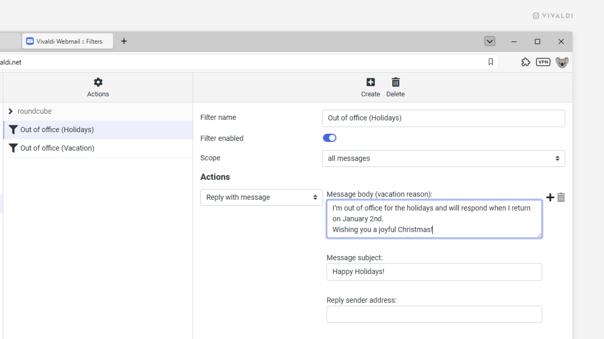 Vivaldi Webmail's Filter settings page open in the Vivaldi browser. An out of office auto-reply message is being set up.
