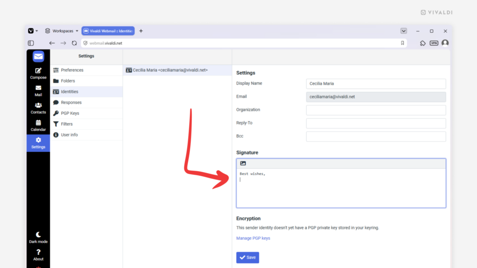 Identity settings in Vivaldi Webmail. An arrow points at the signature section.