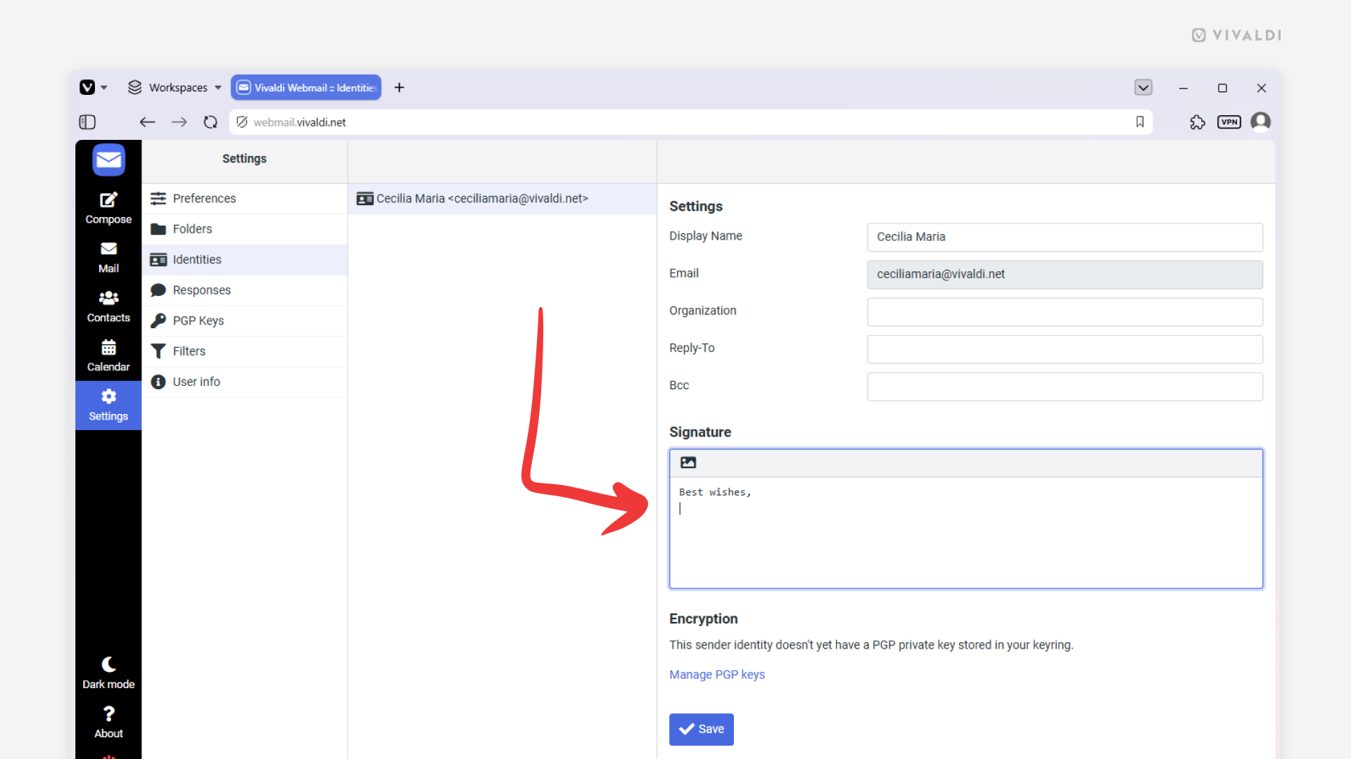 Identity settings in Vivaldi Webmail. An arrow points at the signature section.