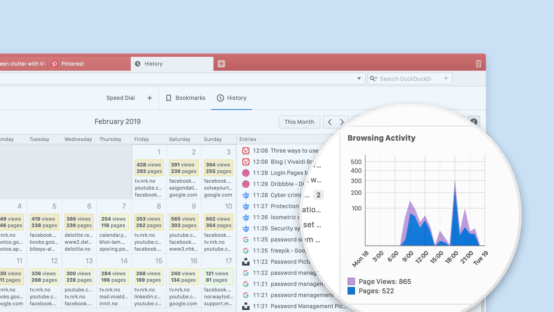 Chart in Vivaldi History showing webpages visited (monthly view)