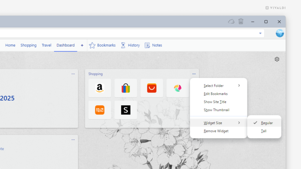 Vivaldi browser's Dashboard. A widget's menu is open on the widget's size sub section.