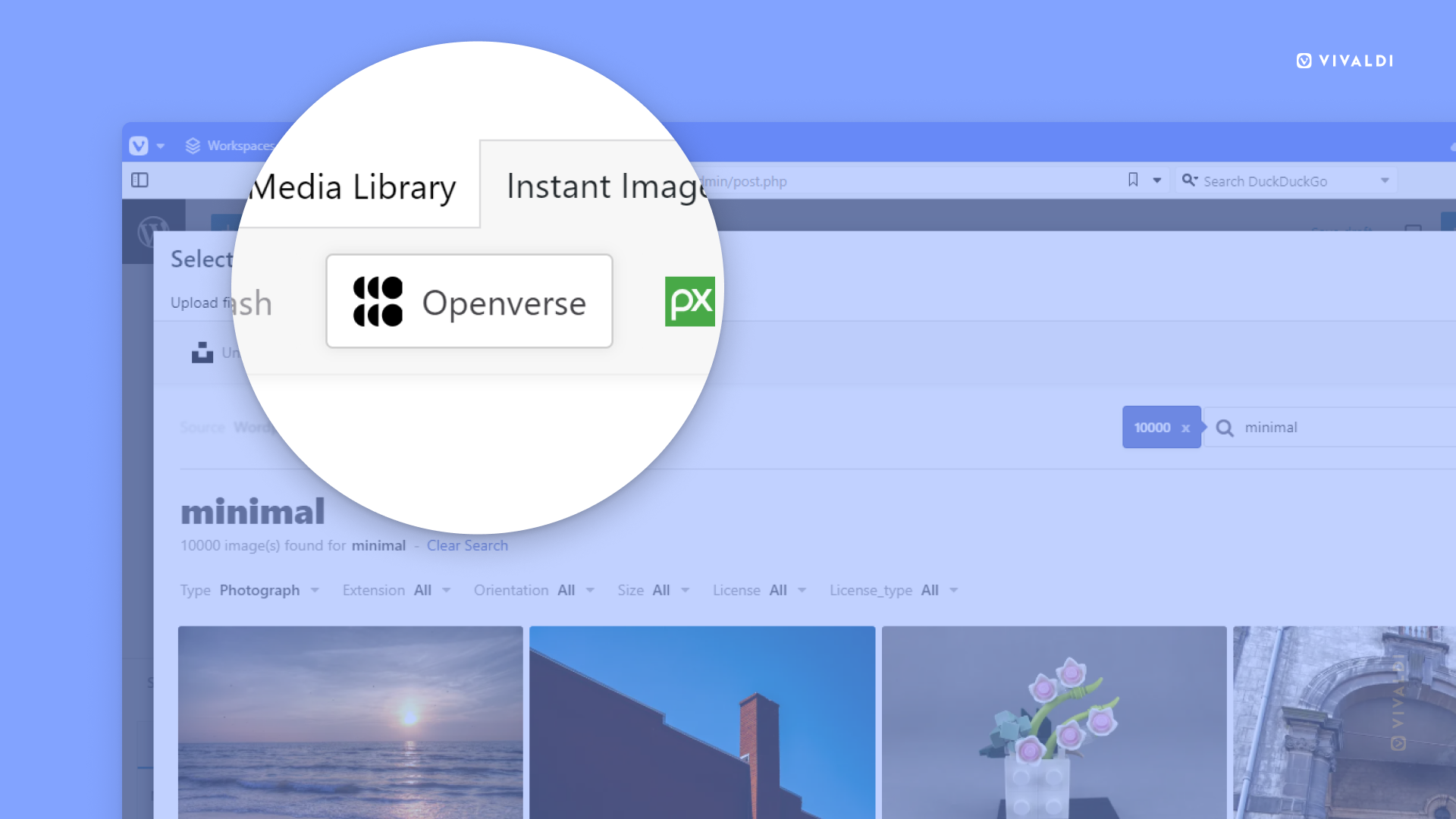 Instant Images tab tab in Media Library open with Openverse highlighted.