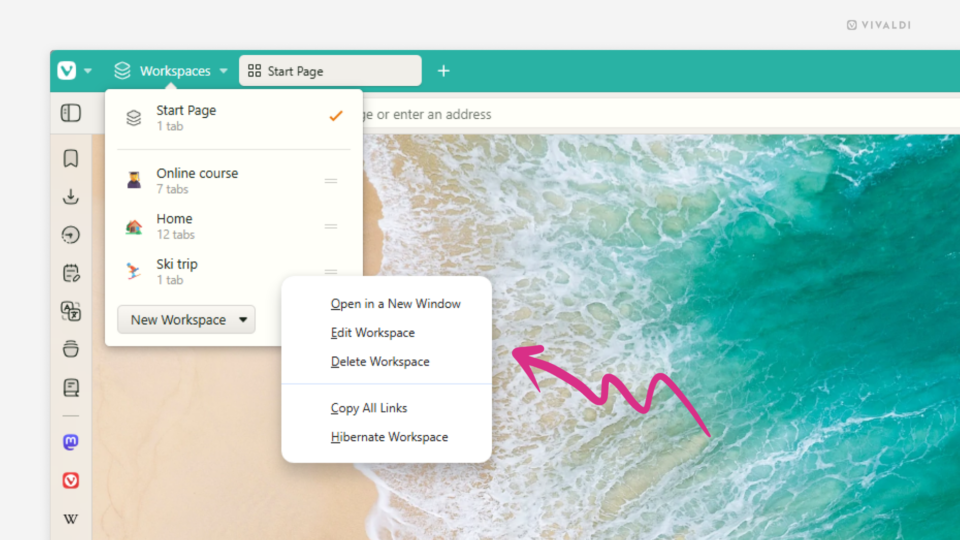 Vivaldi browser window with the Workspaces menu open. An arrow points at the edit and delete options.