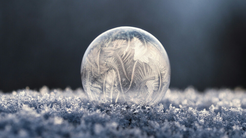 A frozen bubble resting on a bumpy icy surface