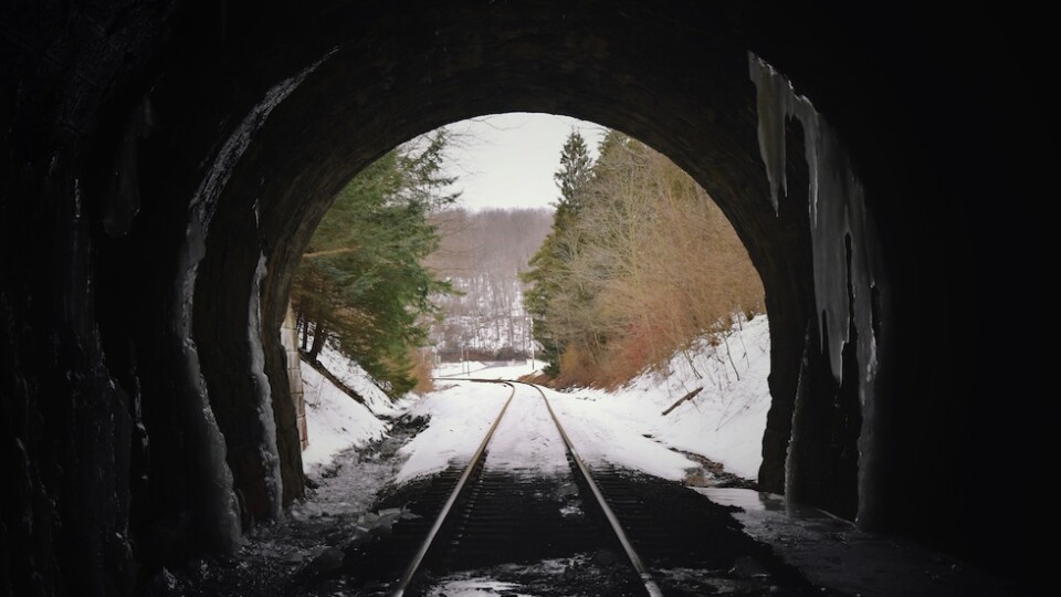 Looking from inside a train tunnel outwards. There is snow on the ground and trees.
