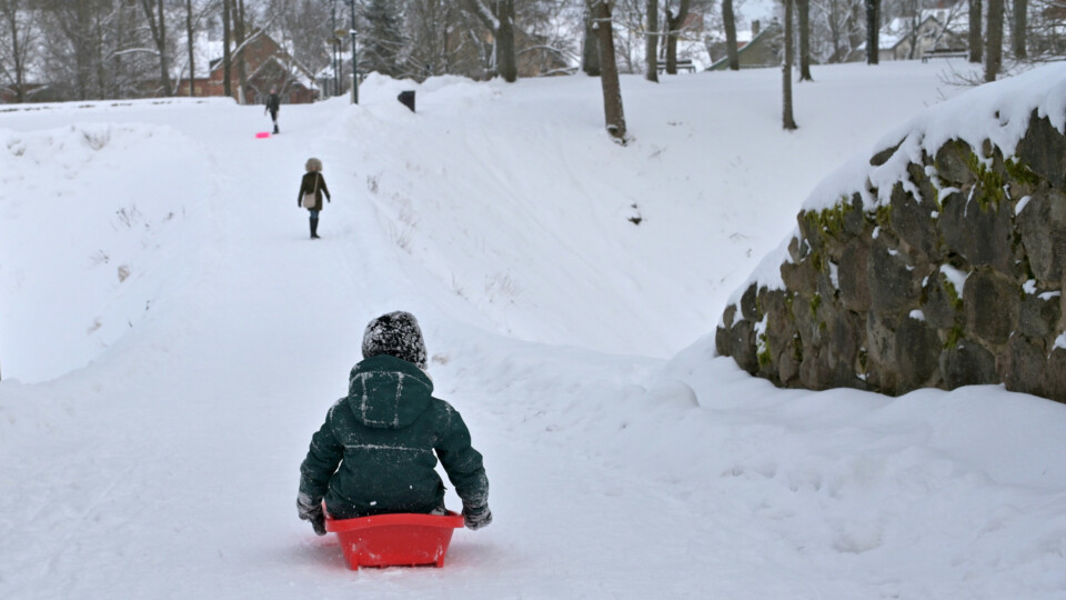 Kids sledging, see from behind the closest rider