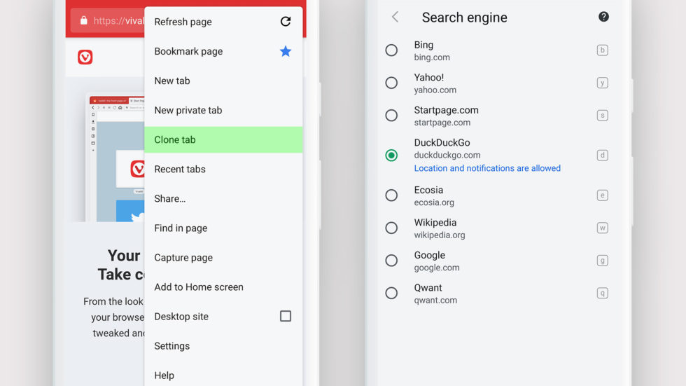 Cloning tabs and switching search engines in Vivaldi Beta for Android