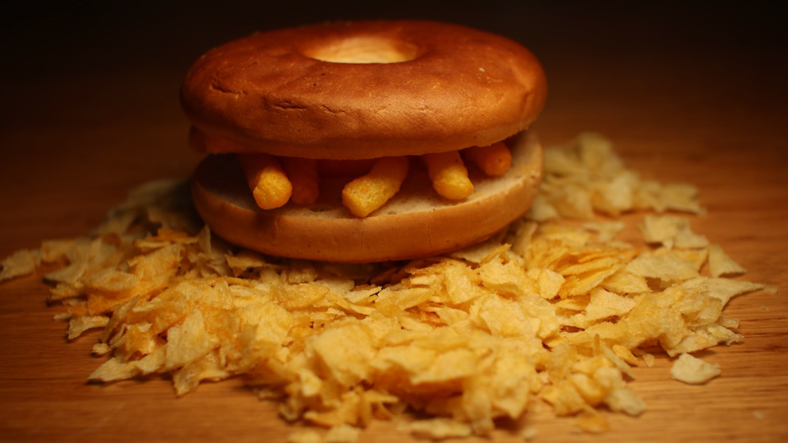 Wotsits bagel sitting on a bed of crushed crisps
