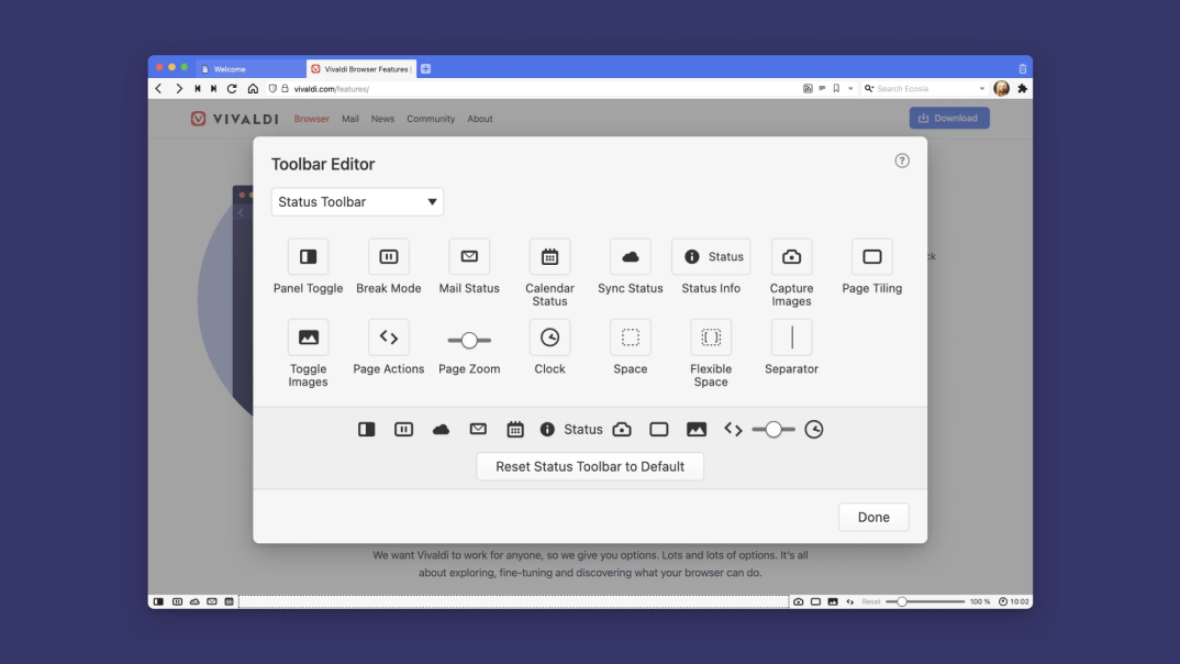 Vivaldi editable browser toolbar