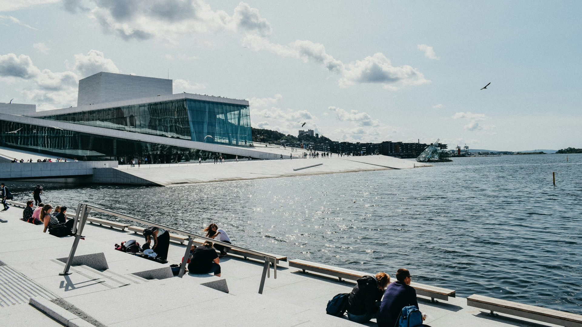 A view of the Oslo Opera house across the water