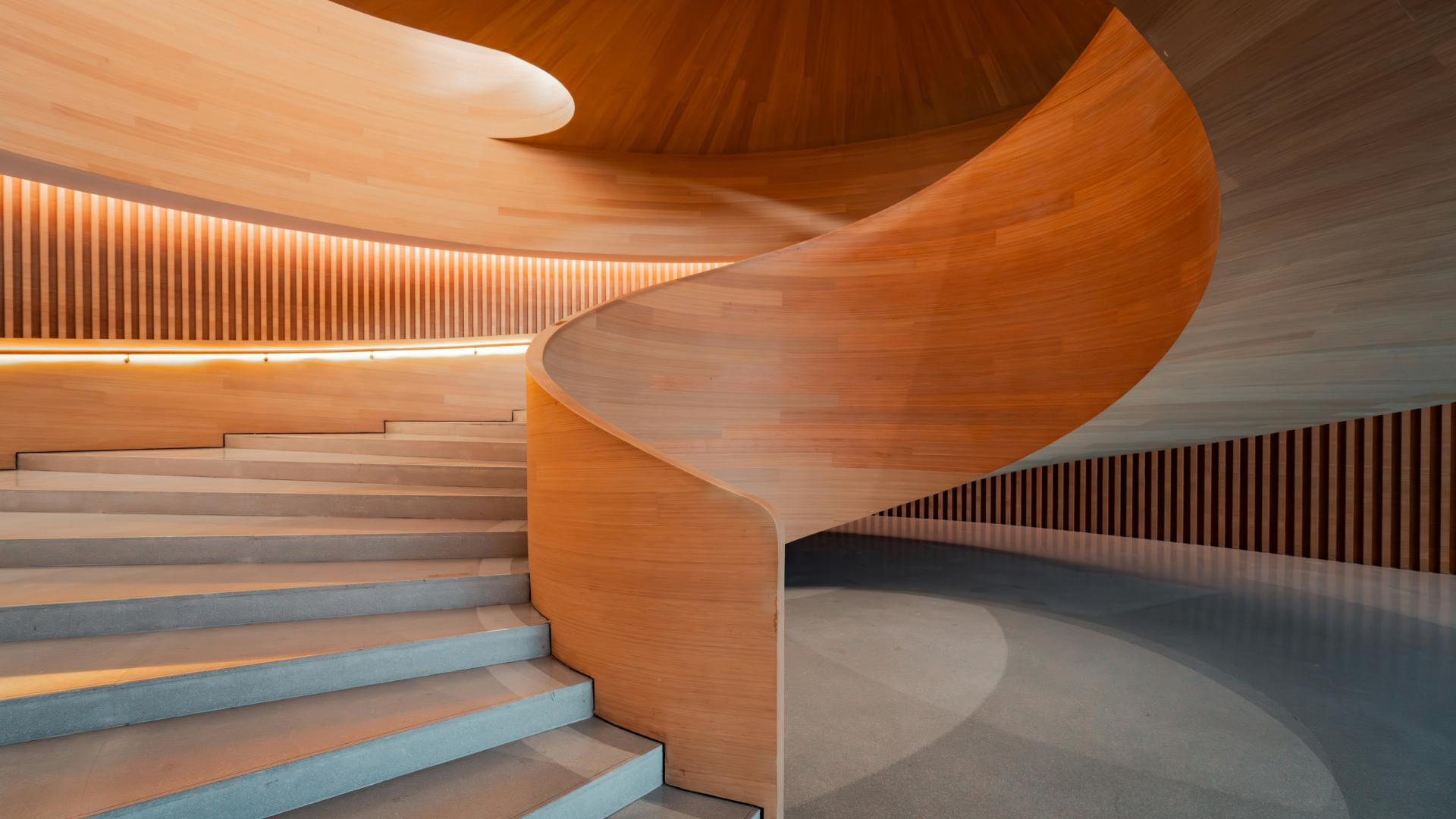 Modern spiral staircase with wooden accents.