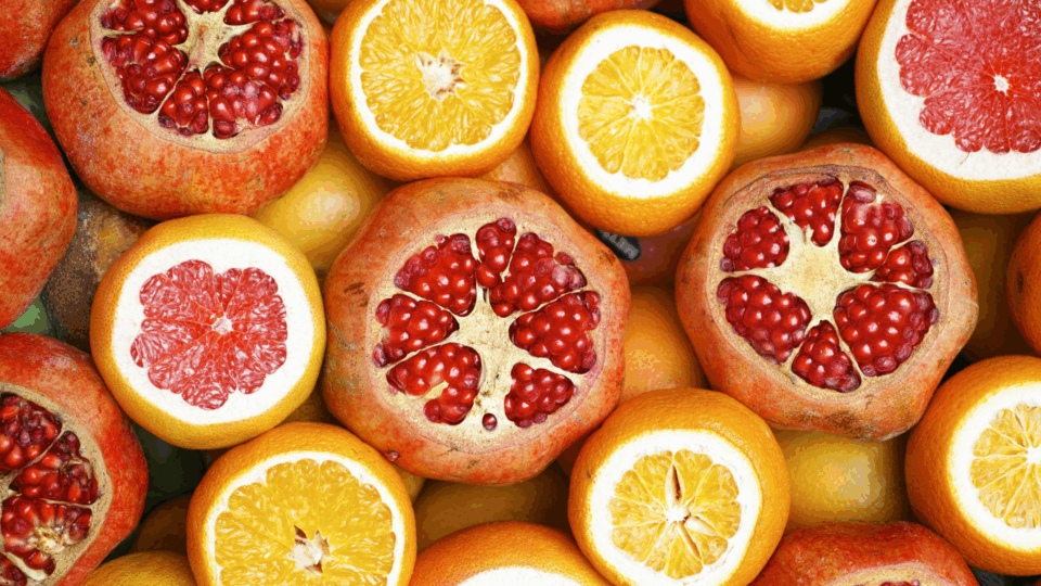 Pomegranates, grapefruits and oranges.