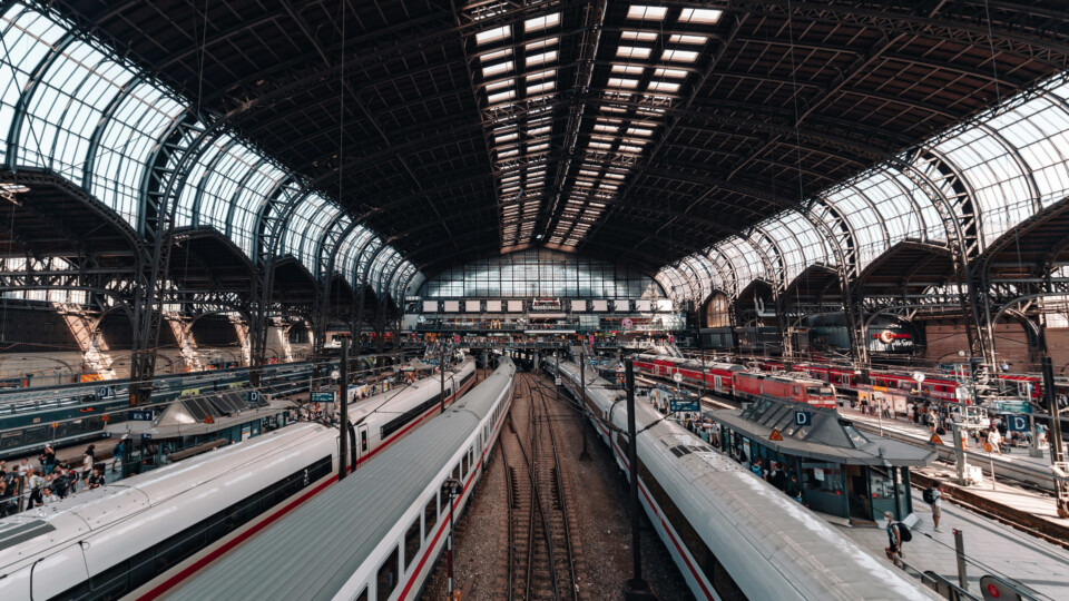 A view of Hamburg train station, looking down at the platforms from above