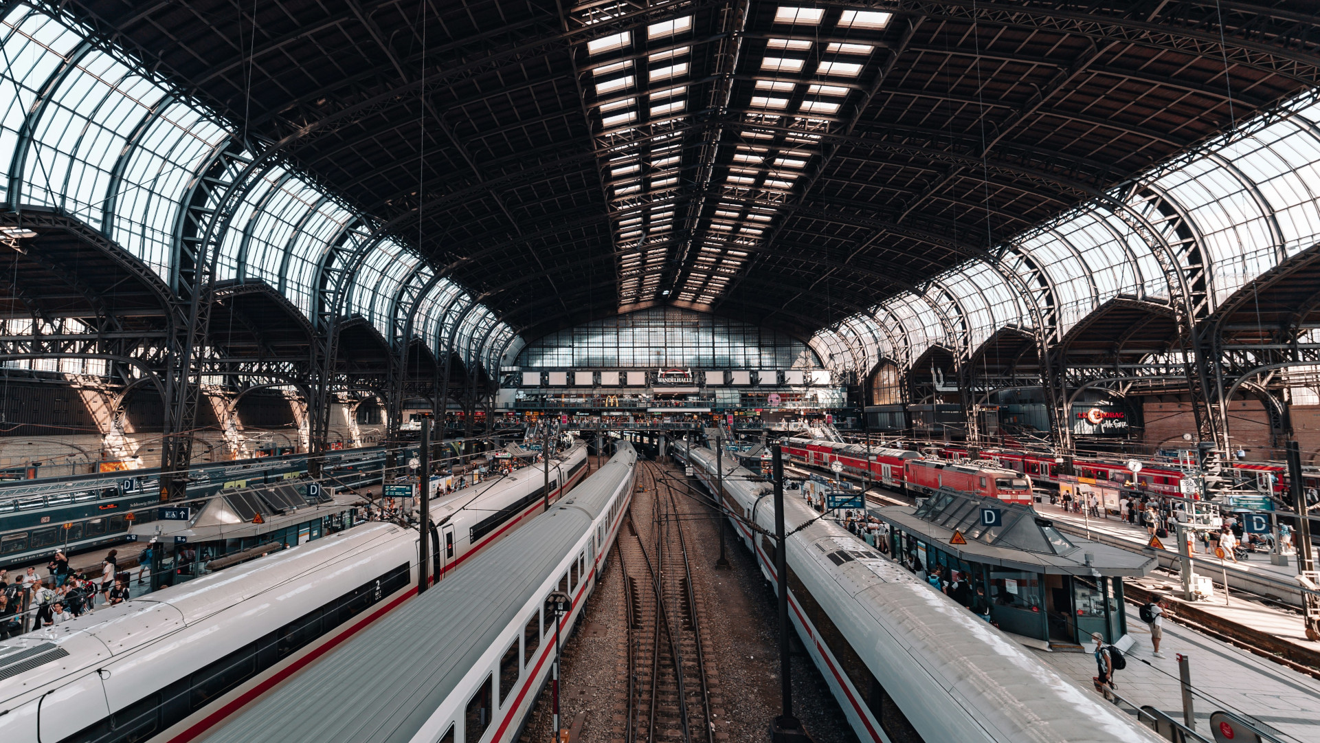 A view of Hamburg train station, looking down at the platforms from above